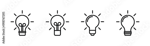 Collection of light bulb icons representing ideas and innovation, simple outline style