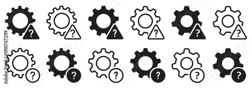 Collection of gear and question mark icons representing settings and help