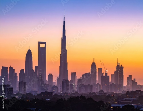 Majestic City Skyline at Sunset with Purple and Orange Hues