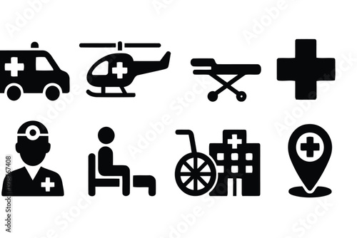 Collection of medical and healthcare icons with ambulance helicopter stretcher and hospital