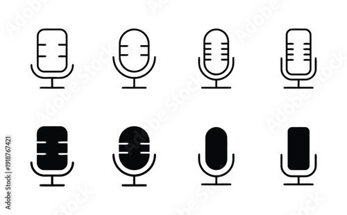 Collection of microphone icons in line art and solid black styles