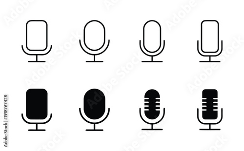 Collection of microphone icons in outline and solid fill styles representing audio recording and broadcasting