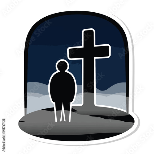 A solitary figure stands before a towering Christian cross under a somber, cloudy sky, symbolizing faith, remembrance, and profound spiritual reflection