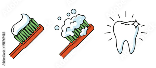 Toothbrush with toothpaste and bubbles next to shiny healthy tooth illustration