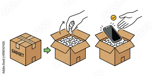 Unboxing gadget from cardboard box with protective filler and confirmation check mark
