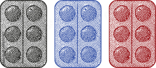 halftone medicine blister pack icon isolated on white background, colorful vector illustration of pill tablets strip with dot shading for pharmacy, medical, and healthcare concepts.