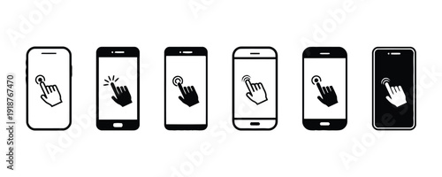 Collection of mobile phone icons with hand pointing and clicking on screen