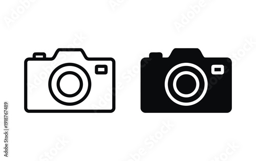 Collection of modern camera icons in outline and filled style on white background