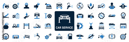 Collection of modern flat icons for car service and repair with vehicle and tools