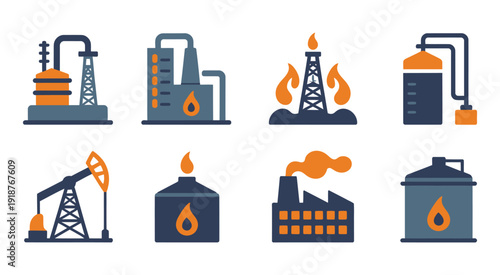 Industrial Oil Refinery and Chemical Plant Icon set. vector illustrations