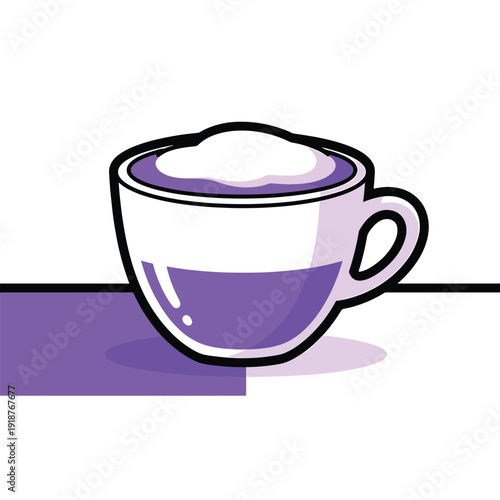 Stylized graphic illustration of a vibrant purple-hued beverage topped with a generous layer of white foam, presented in a clean and modern cup design, perfect for cafe themes or menu highlights