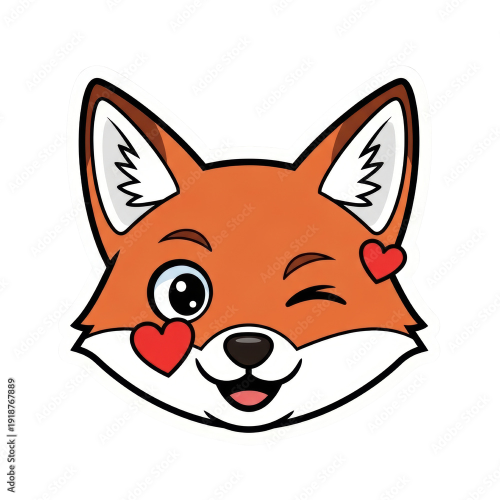 Obraz premium Cute winking fox face illustration with red heart accents, featuring a playful expression and warm orange fur, isolated. isolated PNG with Transparent Background