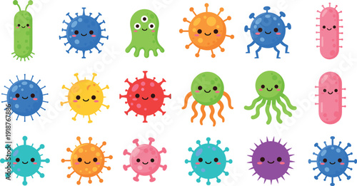 Large set of cute cartoon vector illustrations featuring various friendly bacteria and virus characters with smiling faces for healthcare education  awareness and science themed graphic designs.