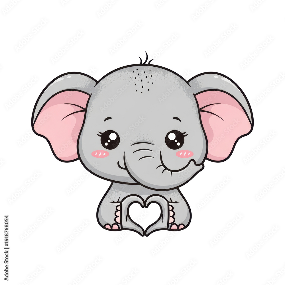 Obraz premium Cute baby elephant cartoon character with big eyes and pink ears making a heart shape with its trunk and feet, isolated. isolated PNG with Transparent Background