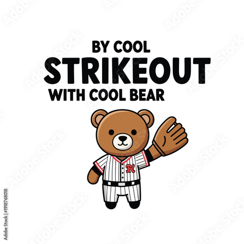 Cool bear playing baseball with 'Strikeout' slogan and striped uniform, vector illustration
