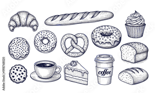 Hand Drawn Vintage Engraved Bakery and Snack Food Set Vector Illustration