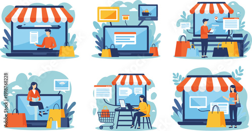 Flat vector illustration set of people shopping online using laptops and digital storefronts with shopping bags and market stalls for e-commerce website design and retail business marketing concepts.