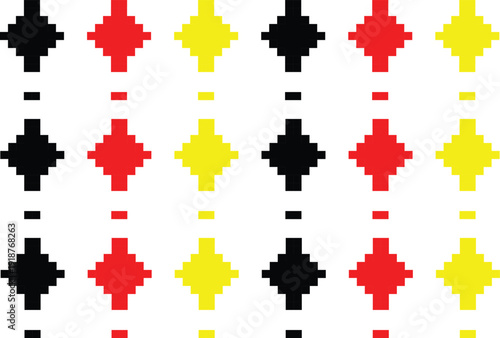 Geometric pixel pattern with black red and yellow diamond shapes organized in grid layout on transparent background for retro gaming design and digital art projects