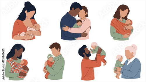 Happy Families with Newborn Baby – Cute Parents and Children Embracing, Love and Parenthood Flat Vector Illustration Set