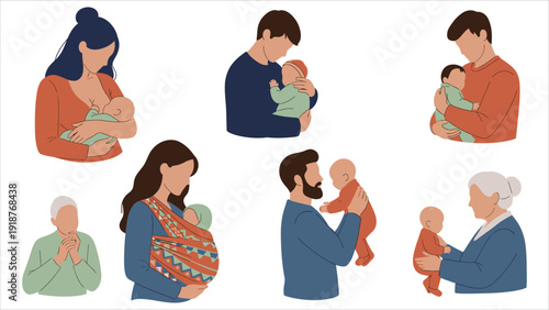 Happy Families with Newborn Baby – Cute Parents and Children Embracing, Love and Parenthood Flat Vector Illustration Set