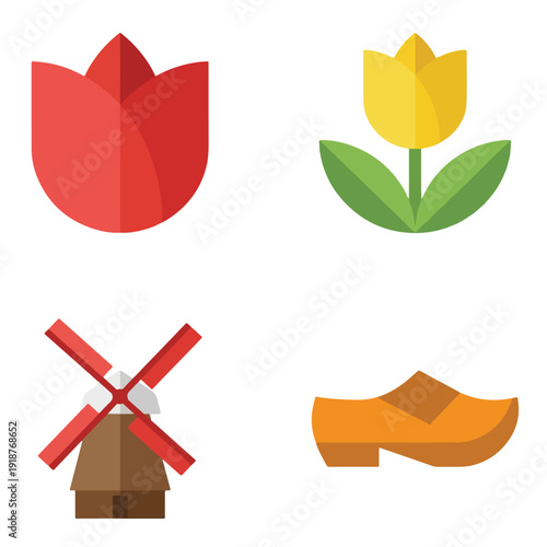 Spring Tulip Flower and Dutch Windmill Icon Set