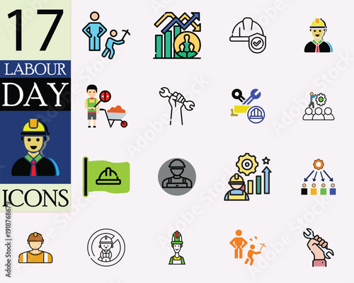 Labour Day Mono Icons  Minimal Worker Tools and Equipment Symbols