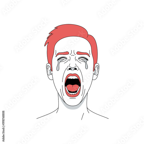 Distressed man crying and screaming with red hair