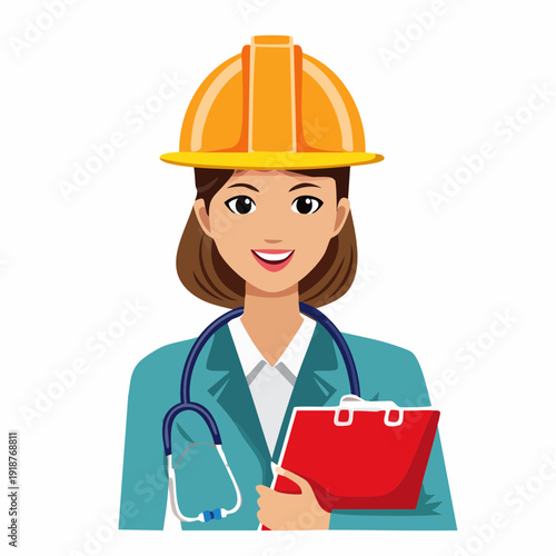 Smiling female professional wearing a construction hard hat and stethoscope, representing a unique blend of engineering and healthcare roles