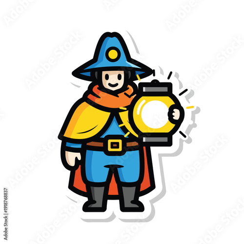 Charming doodle illustration of a fantasy adventurer holding a glowing lantern, depicting a mysterious wanderer in a whimsical, colorful cartoon style, ready for an epic journey