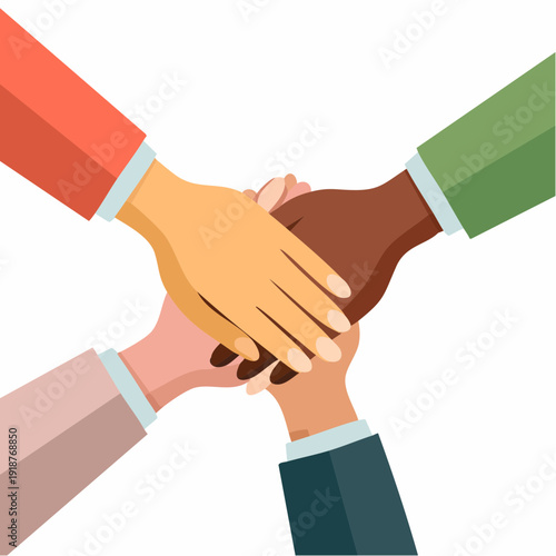 Four hands with varying skin tones stacked together, representing a strong bond of teamwork, diversity, and cooperative spirit in a global partnership