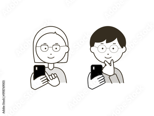 スマホを触る2人　 メガネでくつろぐ  シンプルなビター色