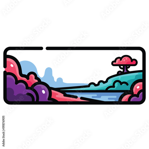 Whisk_Auto generated landscape illustration featuring trees, hills, and a body of water in a vibrant, abstract environment viewed from a distance