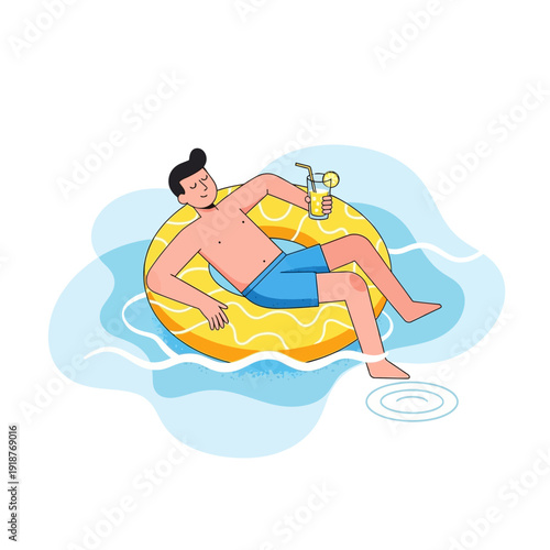 Man Relaxing on Inflatable Ring with Drink in Swimming Pool