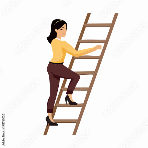 A beautiful brunette business woman in a fashion dress smiles while climbing a wooden ladder in a studio