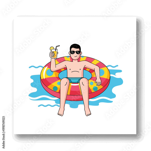 Man Relaxing on Inflatable Ring with Drink in Pool, Summer Vacation