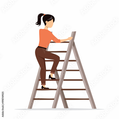 A beautiful young brunette model in a fashion dress and heels poses with a smile while climbing a ladder in a studio