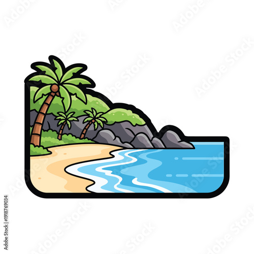 Tropical beach scene with palm trees, sandy shore, and ocean waves