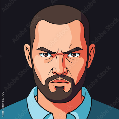 Intense and serious cartoon illustration of a bearded man with a stern expression, perfect for avatars or impactful profile pictures, conveying strong resolve and focus