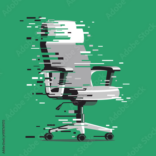 Office chair dissolving into digital glitches and data streams on green background