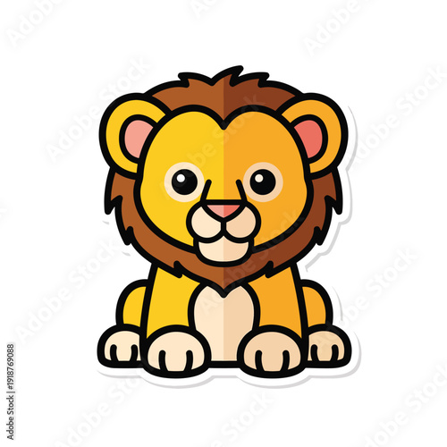 Illustration of a cartoon lion sitting with a friendly expression, viewed from the front