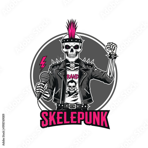 Punk Skeleton Rocker with Microphone and Pink Mohawk - Skelepunk