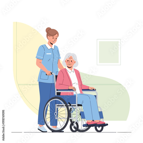 Nurse pushing elderly woman in wheelchair, healthcare assistance, senior care, medical support