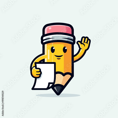 Cute cartoon pencil character holding paper and waving hello, isolated on light background