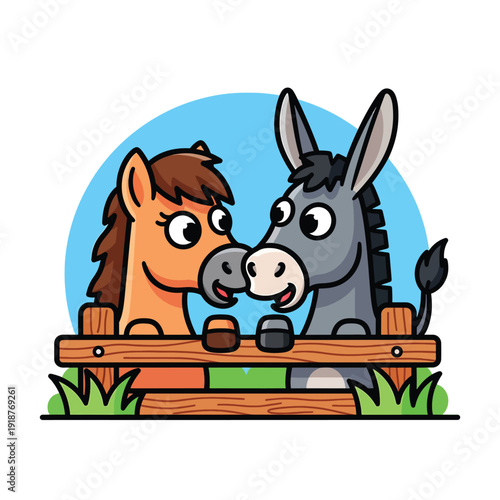 A cartoon horse and donkey sharing a tender moment over a wooden fence in a serene green landscape viewed from the side