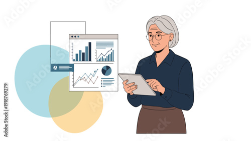 Intelligent elderly woman in glasses using a digital tablet to analyze business data and charts shown on a virtual interface.