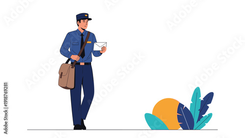 Postman in a blue uniform and cap carrying a brown leather mailbag while holding an envelope for delivery in a park setting.