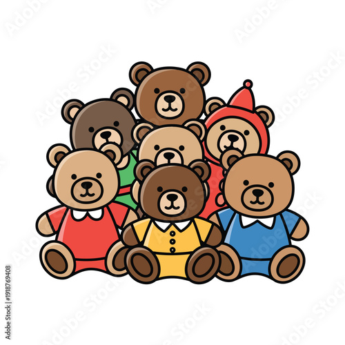 Group of cartoon bears wearing colorful pajamas sitting together in a playful illustration