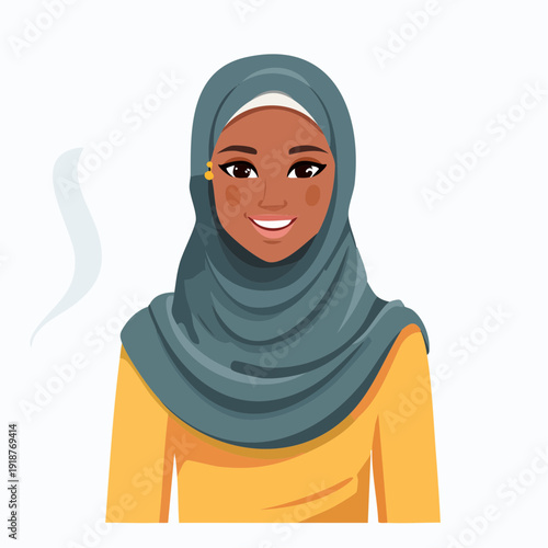 Smiling young woman of color wearing a traditional grey hijab and a bright yellow top, captured in a friendly and welcoming portrait illustration, embodying approachability