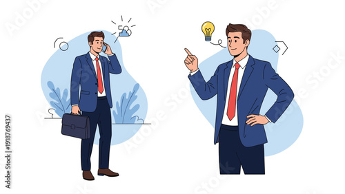 Professional businessman in a blue suit shown in two poses talking on a mobile phone and having a creative new idea.