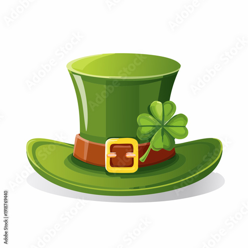 A festive green leprechaun hat adorned with a lucky shamrock and a golden buckle, perfect for St. Patrick's Day celebrations